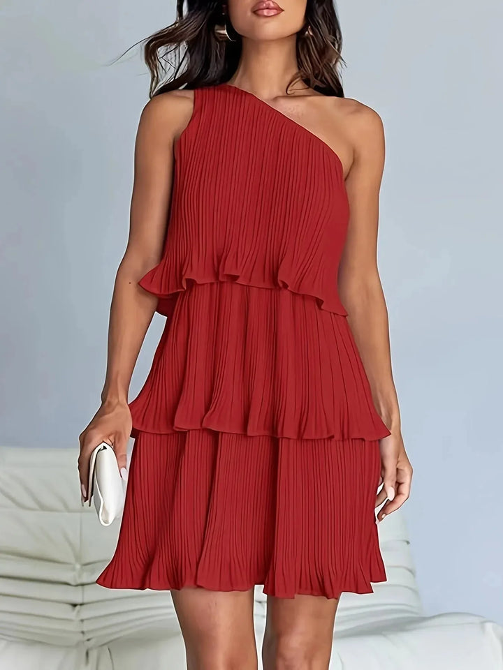 Bethany | One-Shoulder Pleated Tiered White Midi Dress