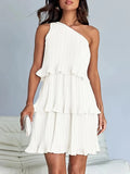 Bethany | One-Shoulder Pleated Tiered White Midi Dress