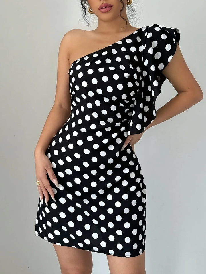 Aria | Stylish Off Shoulder Black Polka Dot Dress