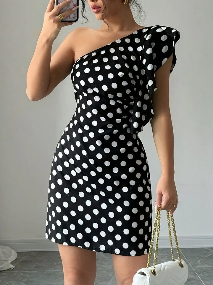 Aria | Stylish Off Shoulder Black Polka Dot Dress
