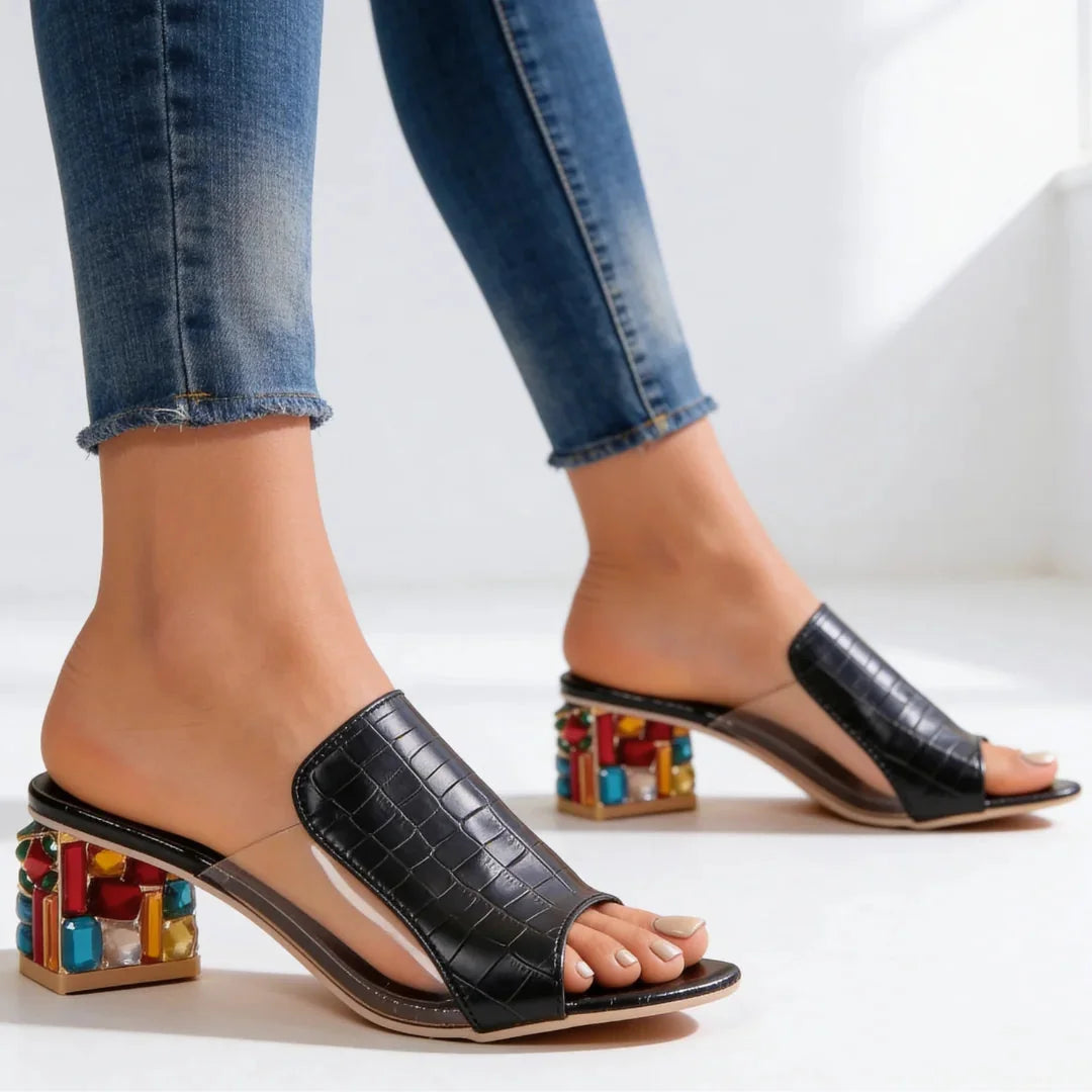 Black Women's Orthopedic Heel Slides — Winifred Jeweled Block Heel Sandals - Front Detail