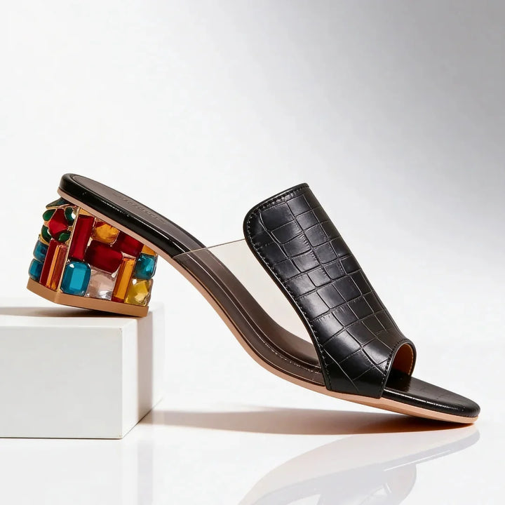 Black Women's Orthopedic Heel Slides — Winifred Jeweled Block Heel Sandals - Studio White