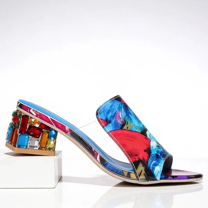 Floral Women's Orthopedic Heel Slides — Winifred Jeweled Block Heel Sandals - Side Detail