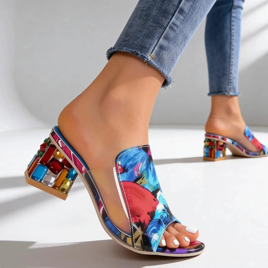 Floral Women's Orthopedic Heel Slides — Winifred Jeweled Block Heel Sandals - Studio Pose