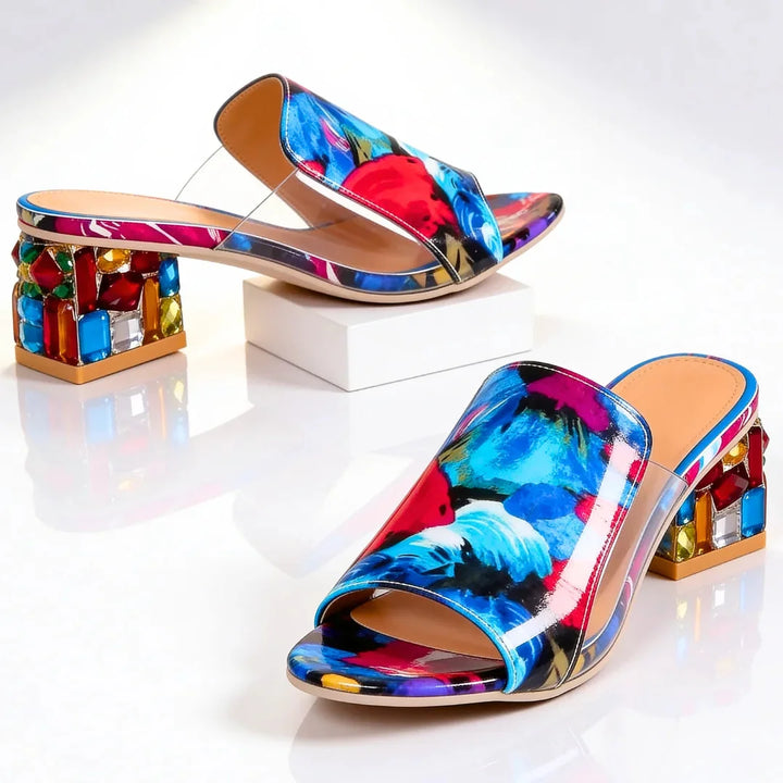 Floral Women's Orthopedic Heel Slides — Winifred Jeweled Block Heel Sandals - Worn Lifestyle