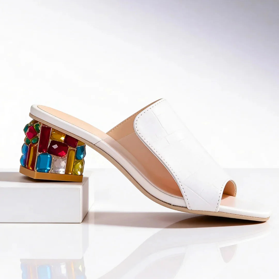 White Women's Orthopedic Heel Slides — Winifred Jeweled Block Heel Sandals - Flat Lay