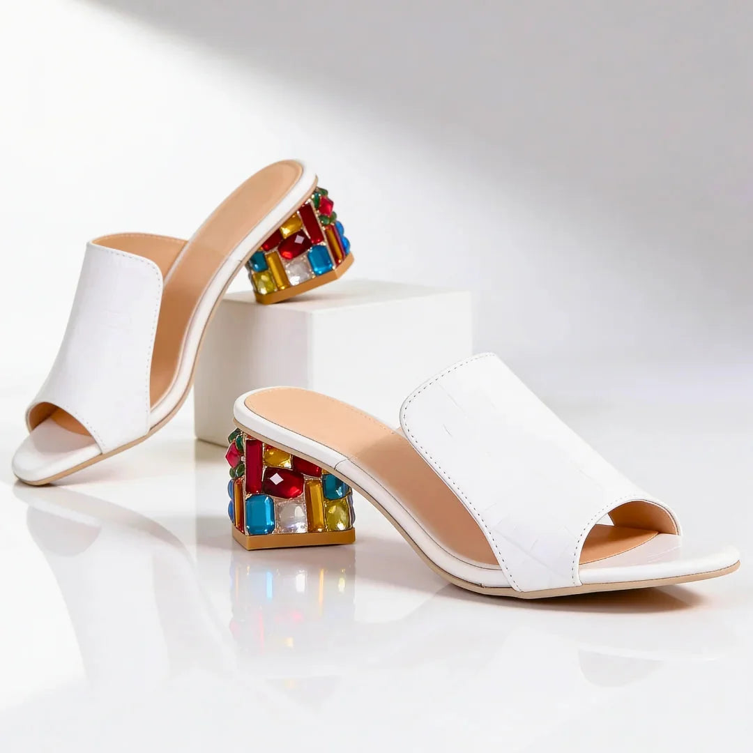 White Women's Orthopedic Heel Slides — Winifred Jeweled Block Heel Sandals - Product Display