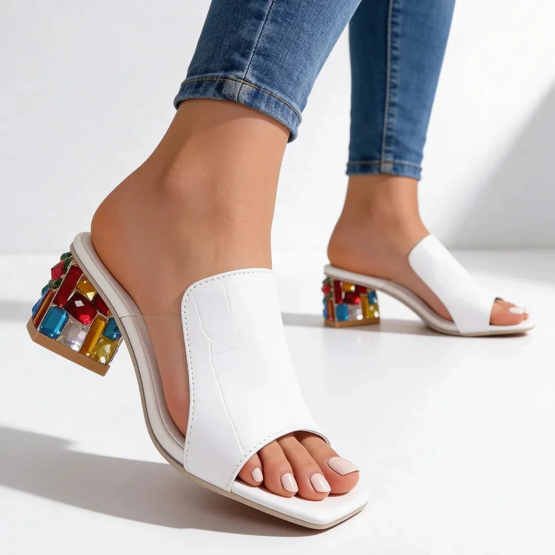 White Women's Orthopedic Heel Slides — Winifred Jeweled Block Heel Sandals - Side Pose