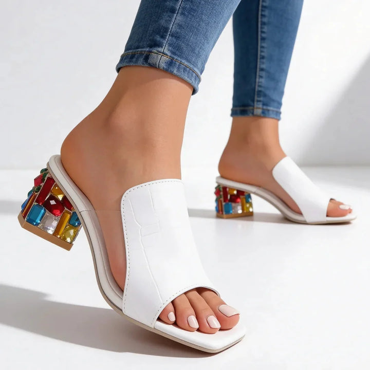 White Women's Orthopedic Heel Slides — Winifred Jeweled Block Heel Sandals - Side Pose
