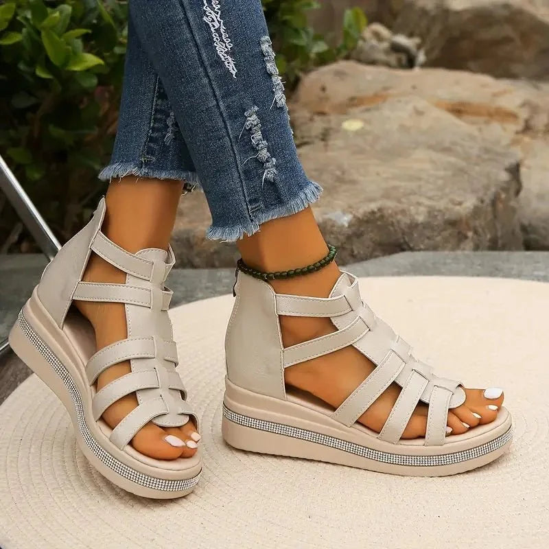 Beige Women's Orthopedic Platform Sandals — Bess Strappy Gladiator Rhinestone - Side Angle