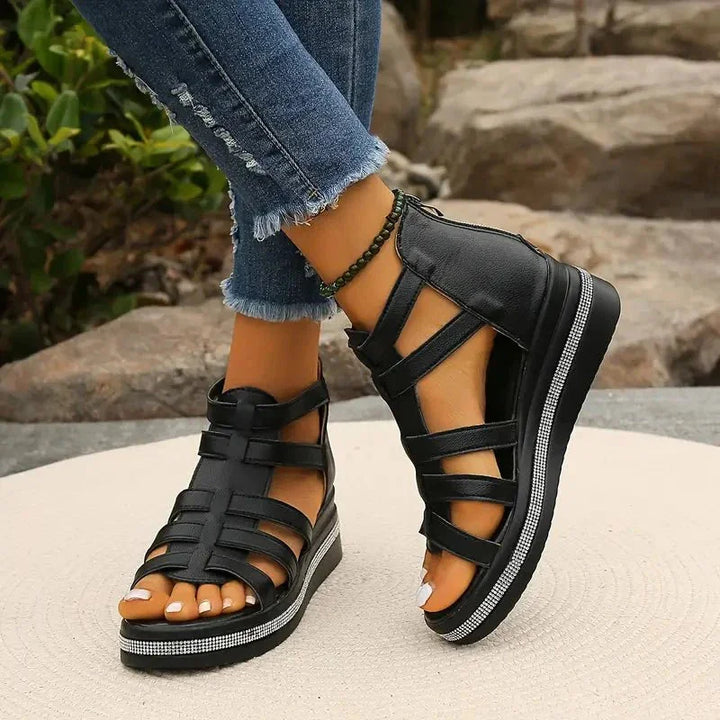 Black Women's Orthopedic Platform Sandals — Bess Strappy Gladiator Rhinestone - Three Quarter Angle