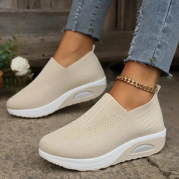 Beige Women's Orthopedic Slip-On Shoes — Evelyn Cushioned Air Support - Outdoor Pose