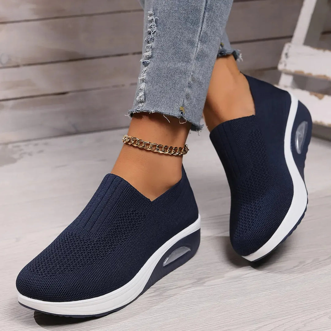 Dark Blue Women's Orthopedic Slip-On Shoes — Evelyn Cushioned Air Support - Side Pose