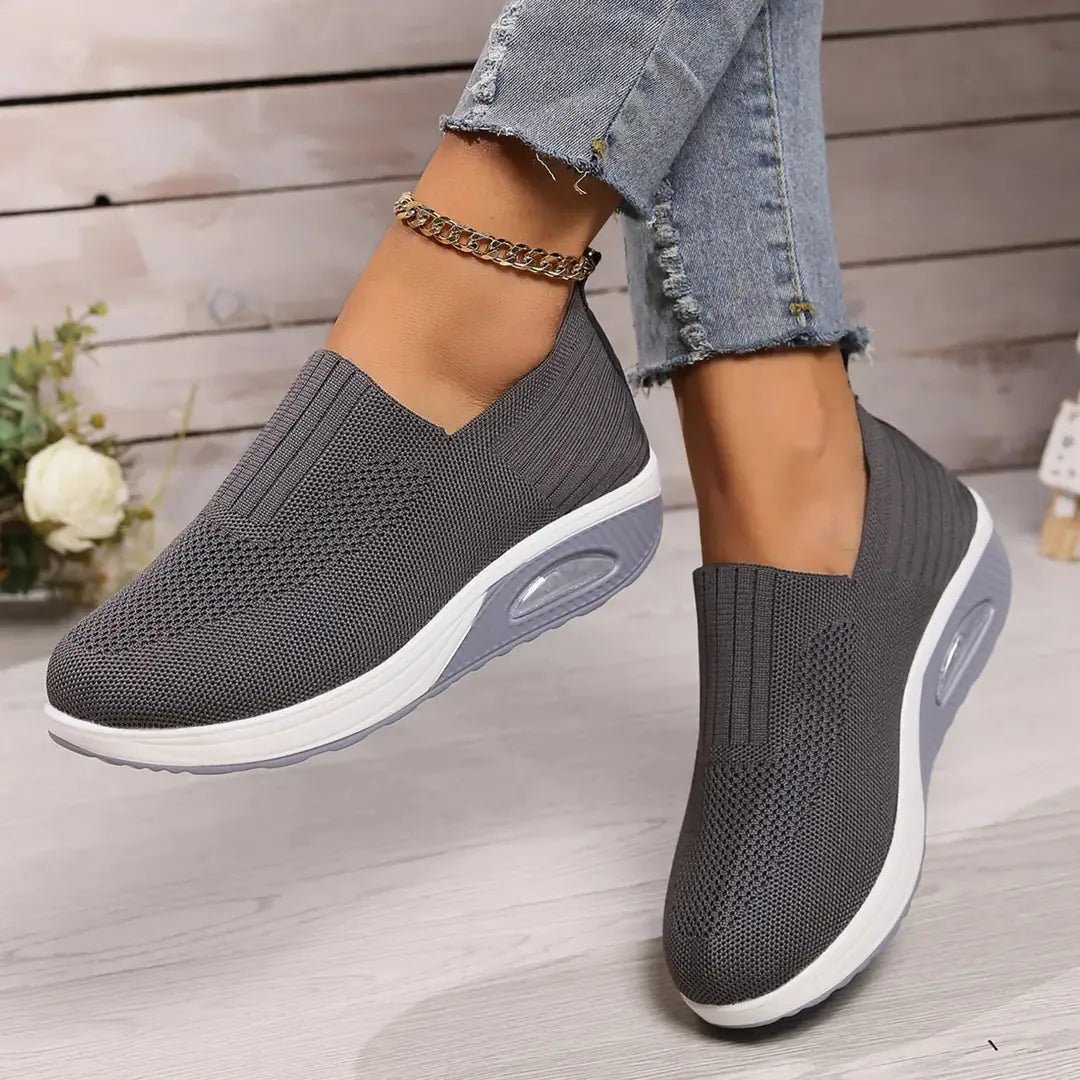 Grey Women's Orthopedic Slip-On Shoes — Evelyn Cushioned Air Support - Model Walking