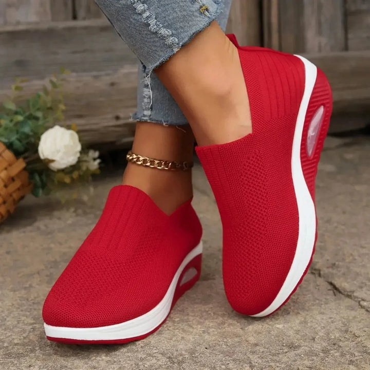 Red Women's Orthopedic Slip-On Shoes — Evelyn Cushioned Air Support - Close Up Detail