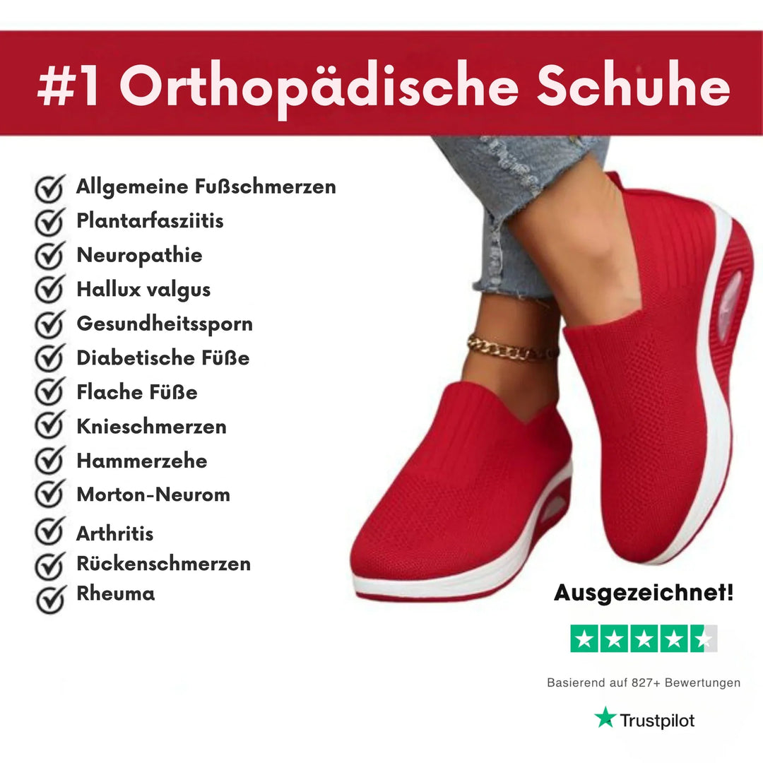 Red Women's Orthopedic Slip-On Shoes — Evelyn Cushioned Air Support - Features Infographic