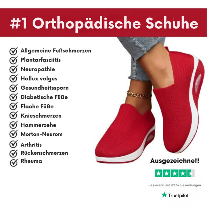 Red Women's Orthopedic Slip-On Shoes — Evelyn Cushioned Air Support - Features Infographic