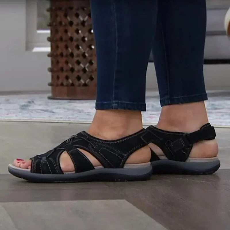 Black Women's Orthopedic Sandals — Camille Adjustable Strappy Comfort - Floor Shot
