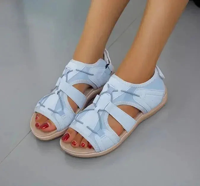 Blue Women's Orthopedic Sandals — Camille Adjustable Strappy Comfort - Outdoor Pose