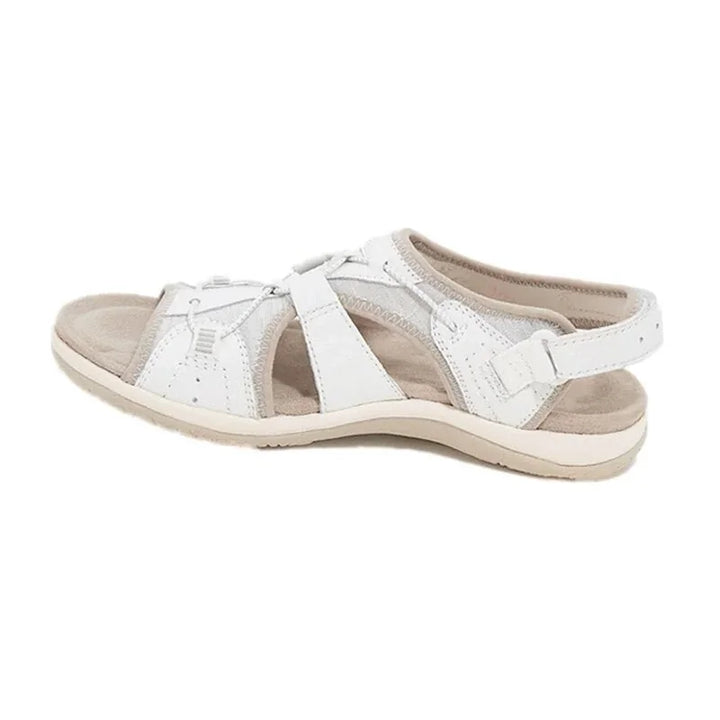 White Women's Orthopedic Sandals — Camille Adjustable Strappy Comfort - Flat Lay