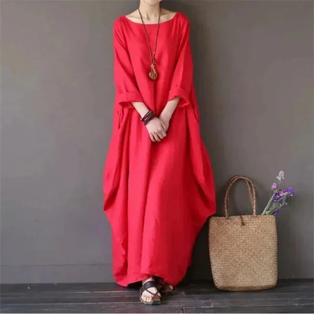 Rood Women's Cotton Batwing Maxi Dress — Rhea Oversized Boho Casual - Front Standing
