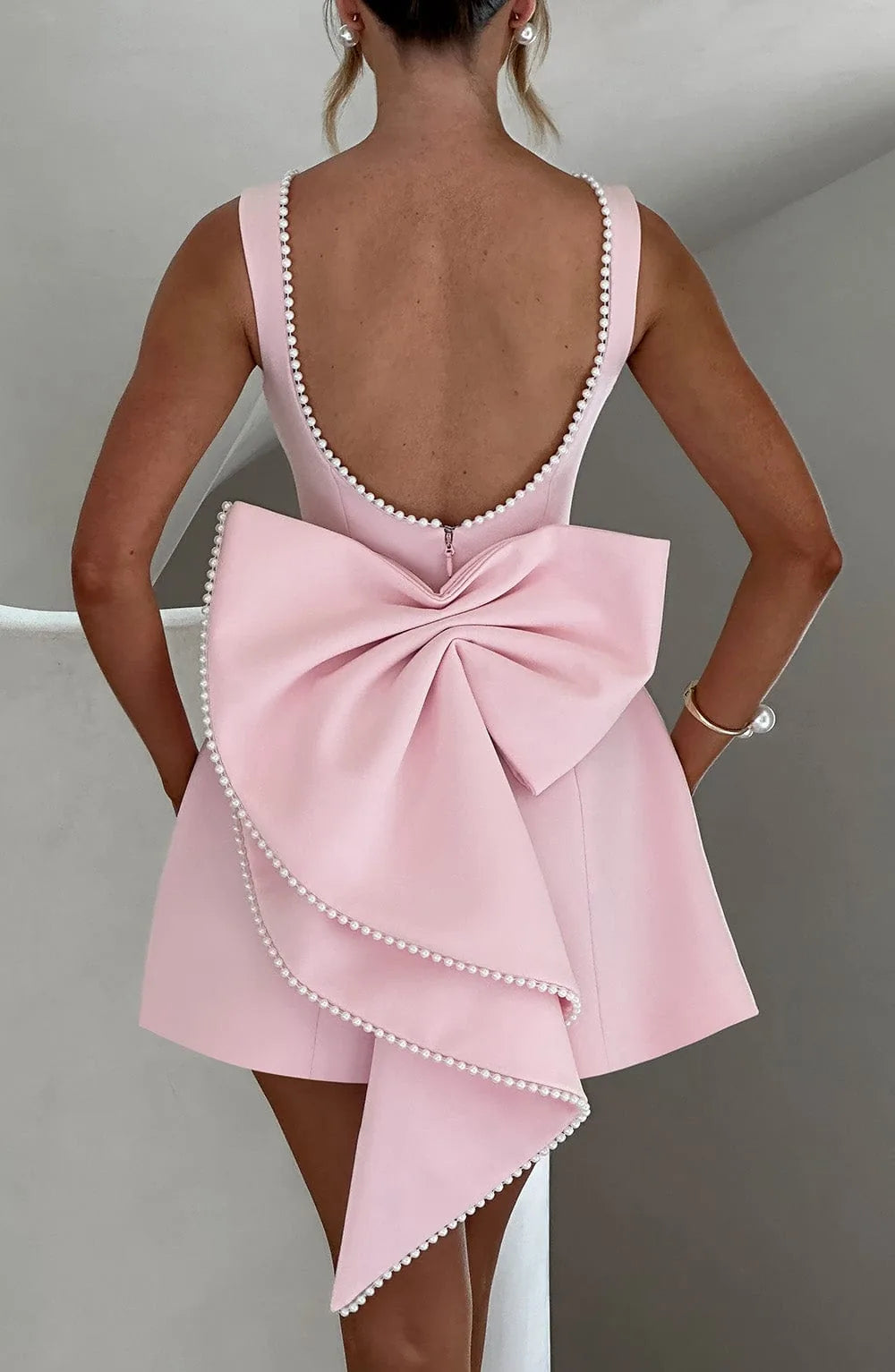 Aria | Pearl Trim Backless Bow-Back Party Mini Dress