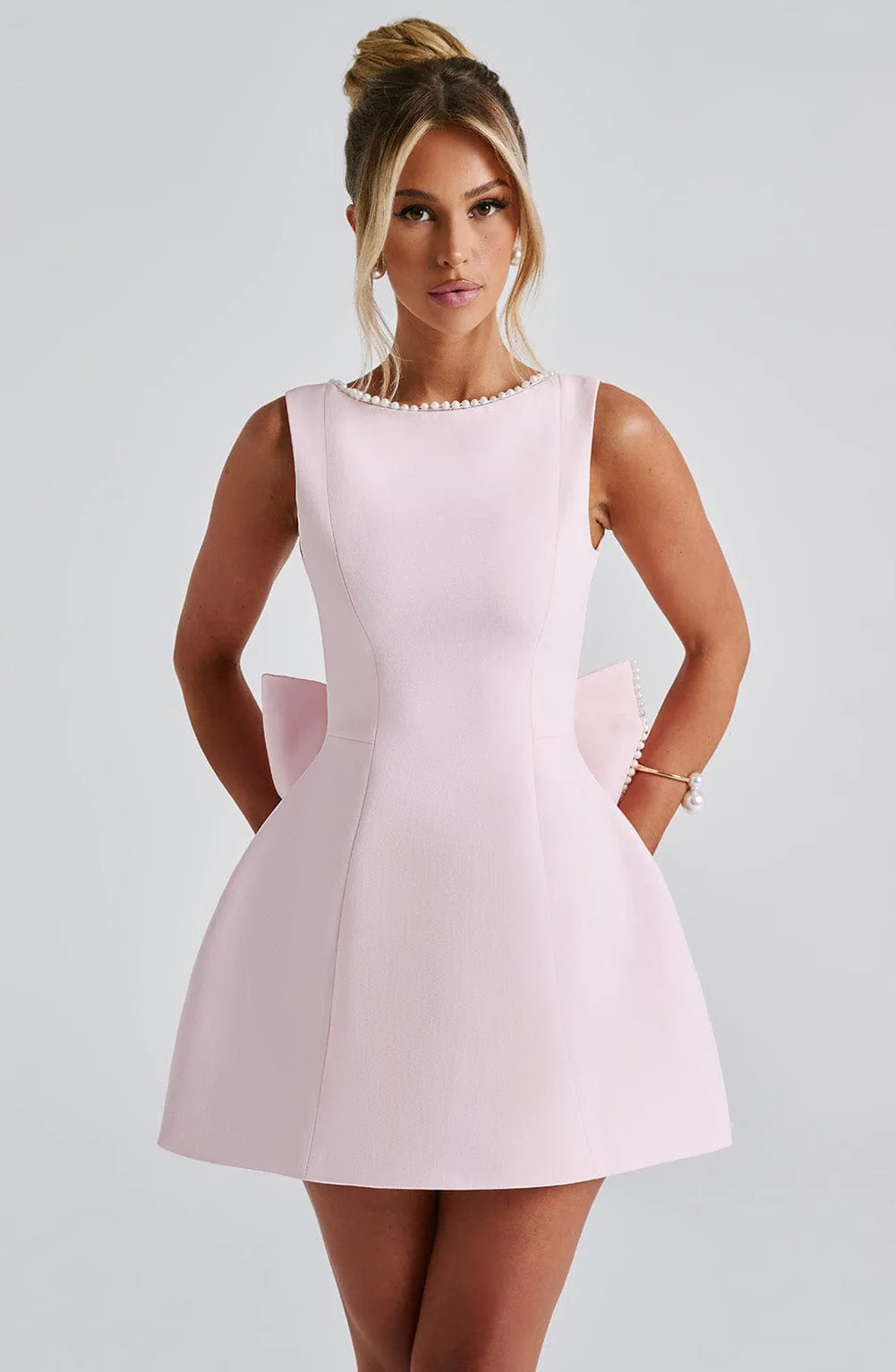 Aria | Pearl Trim Backless Bow-Back Party Mini Dress