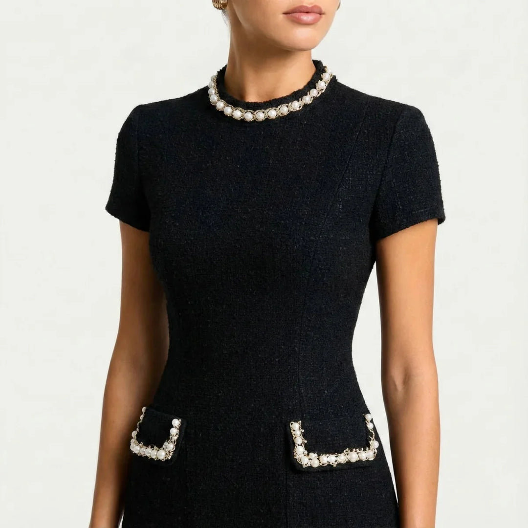 Black Women's Trim Mini Dress — Constance Tweed Button Detail - Close Up Detail