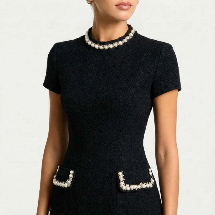 Black Women's Trim Mini Dress — Constance Tweed Button Detail - Close Up Detail