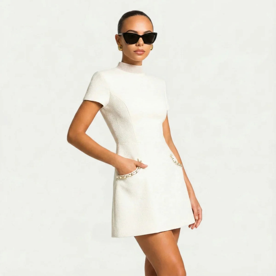 White Women's Trim Mini Dress — Constance Tweed Button Detail - Side Pose