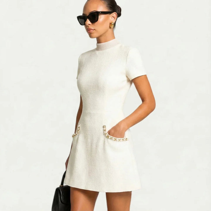 White Women's Trim Mini Dress — Constance Tweed Button Detail - Three Quarter View