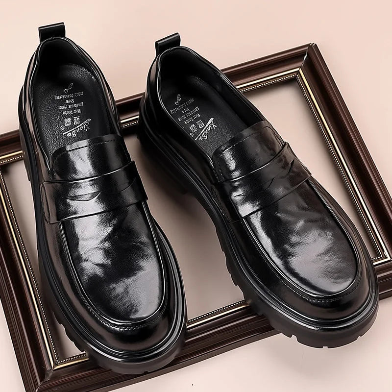 Black Men's Leather Loafers with Penny Strap - Flat Lay