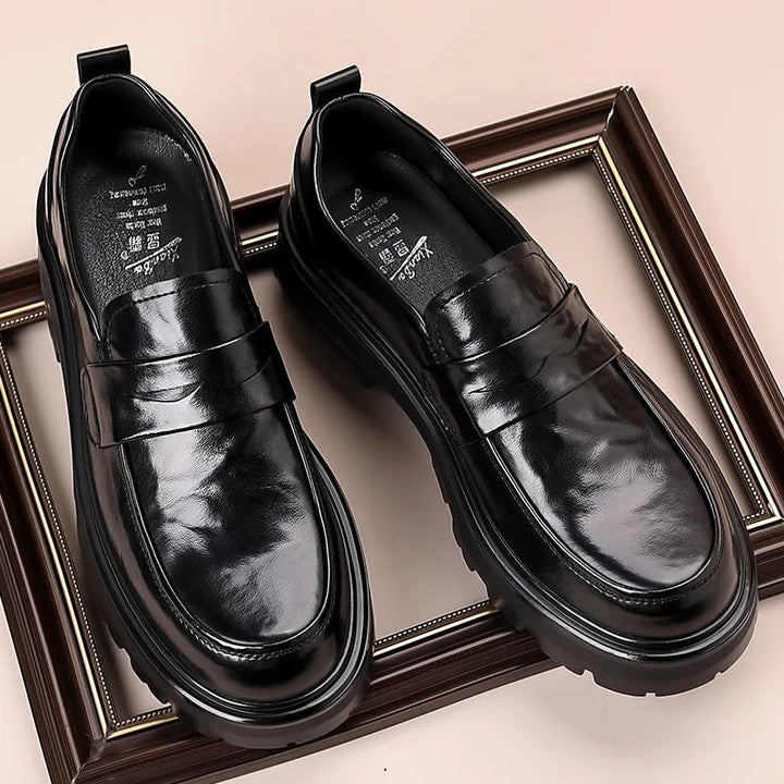 Black Men's Leather Loafers with Penny Strap - Flat Lay