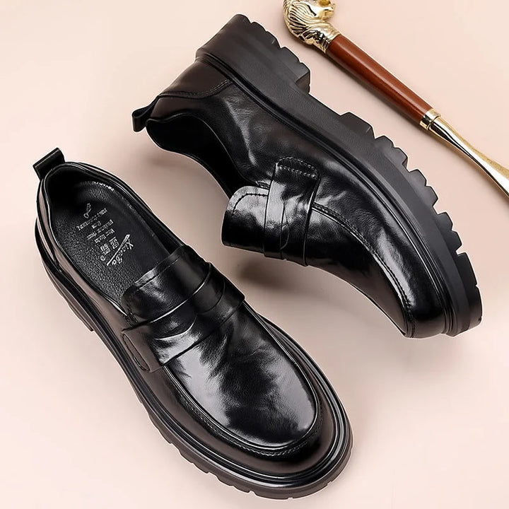 Black Men's Leather Loafers with Penny Strap - Side Detail