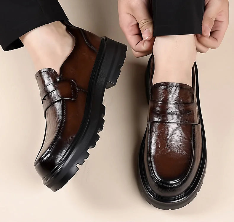 Brown Men's Leather Loafers with Penny Strap - Worn Lifestyle