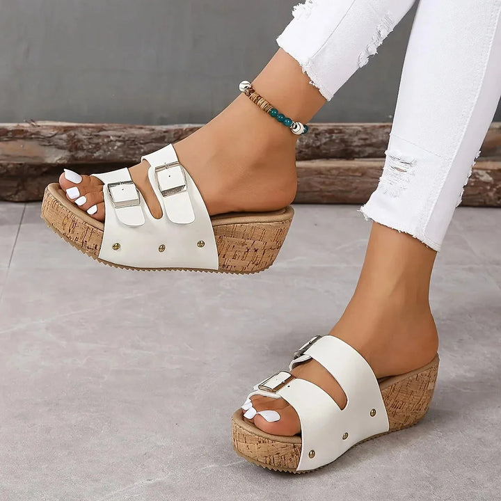 White Women's Platform Sandals — Paige Cork Wedge Double Buckle - Side Detail