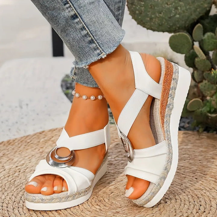 White Women's Aimee Platform Sandals — Renee Espadrille Ring Strap - Close Up Detail