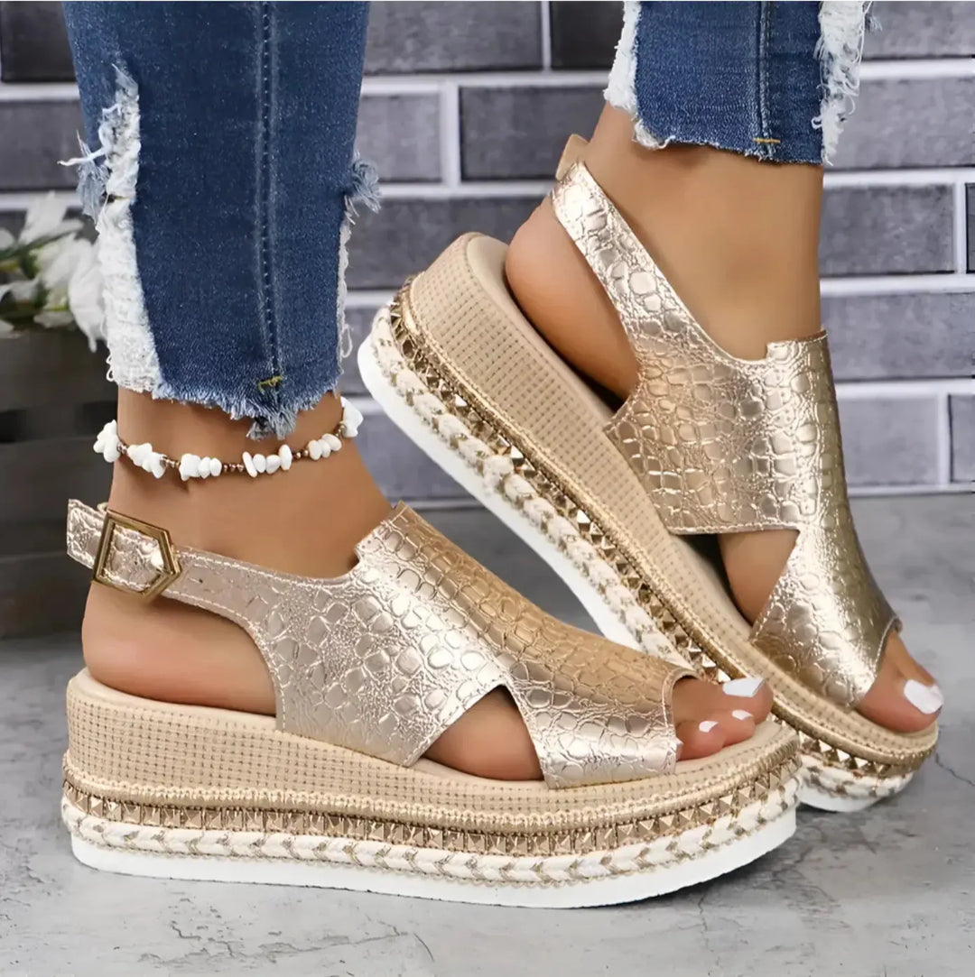 Gold Women's Platform Orthopedic Sandals — Dot Espadrille Woven Sole - Close Up Detail