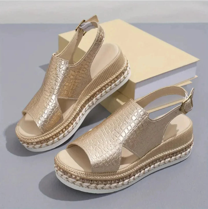 Gold Women's Platform Orthopedic Sandals — Dot Espadrille Woven Sole - Flat Lay