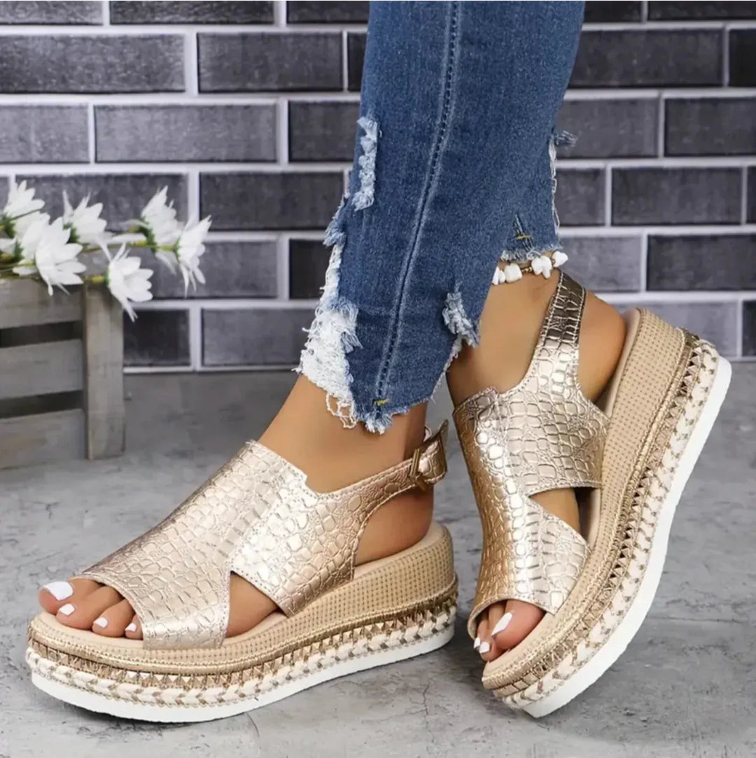 Gold Women's Platform Orthopedic Sandals — Dot Espadrille Woven Sole - Front Full