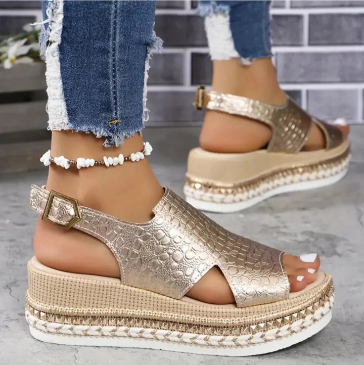 Gold Women's Platform Orthopedic Sandals — Dot Espadrille Woven Sole - Side Detail