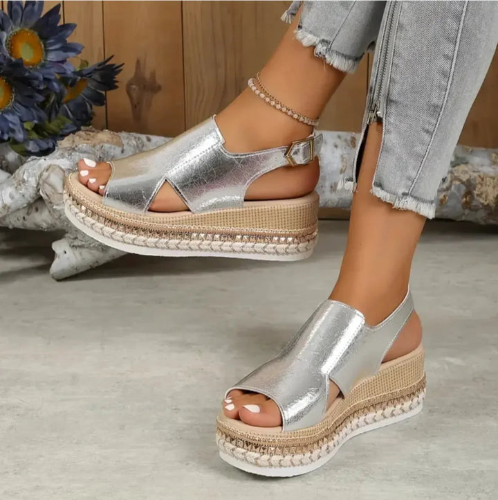 Silver Women's Platform Orthopedic Sandals — Dot Espadrille Woven Sole - Studio White