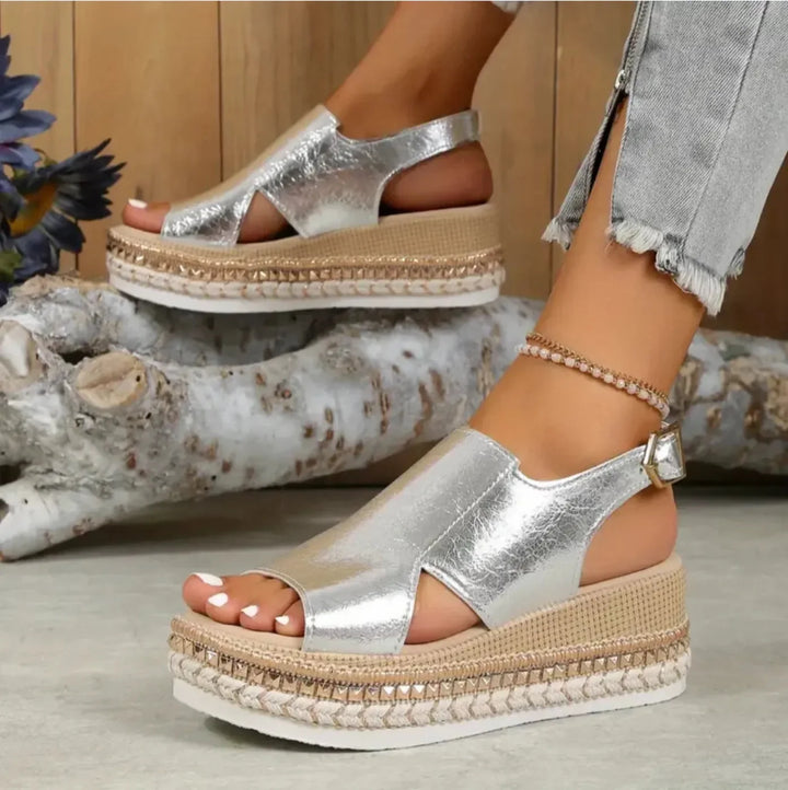 Silver Women's Platform Orthopedic Sandals — Dot Espadrille Woven Sole - Worn Lifestyle