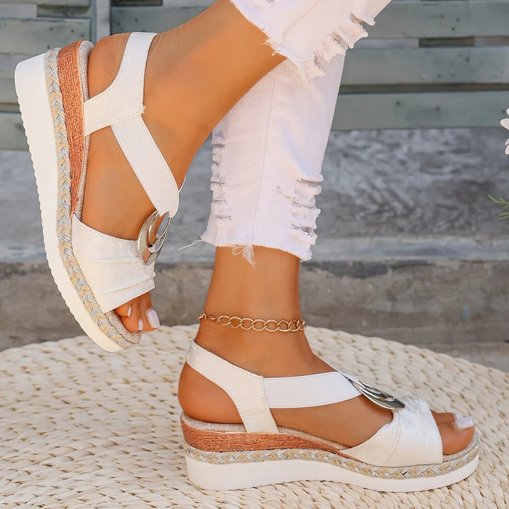 Cream Women's Platform Sandals — Layla Ring Detail Espadrille - Walking Pose