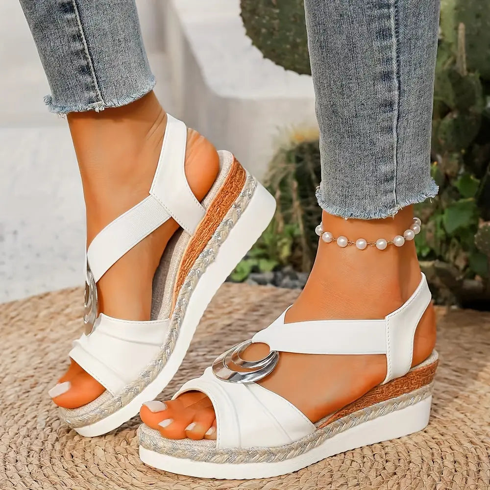 White Women's Platform Wedge Sandals — Ruby Ring Strap Espadrille - Worn Lifestyle