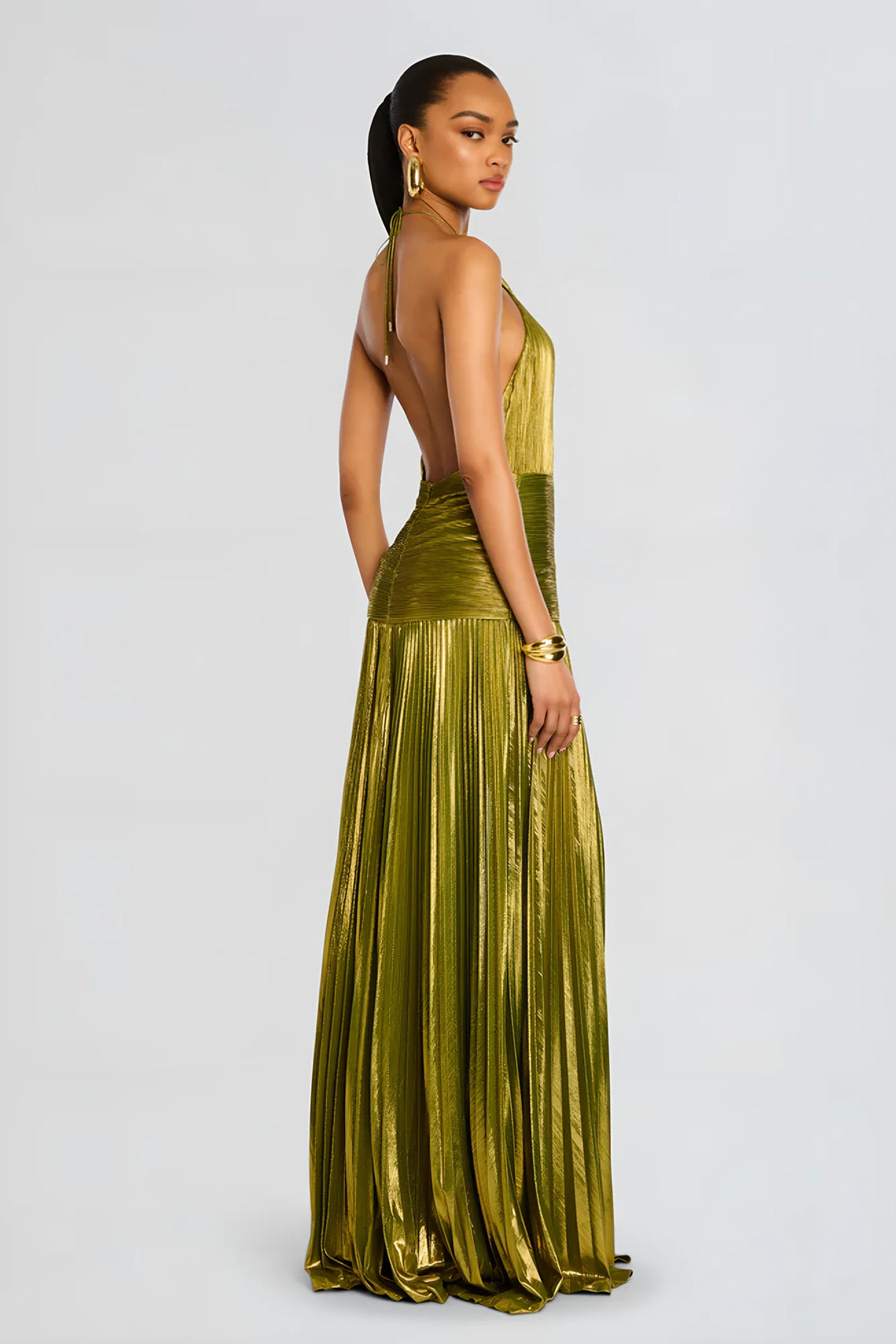 Gold Women's Metallic Pleated Halter Maxi Dress — Bella Backless Evening Gown with Thigh-High Slit - Back Detail