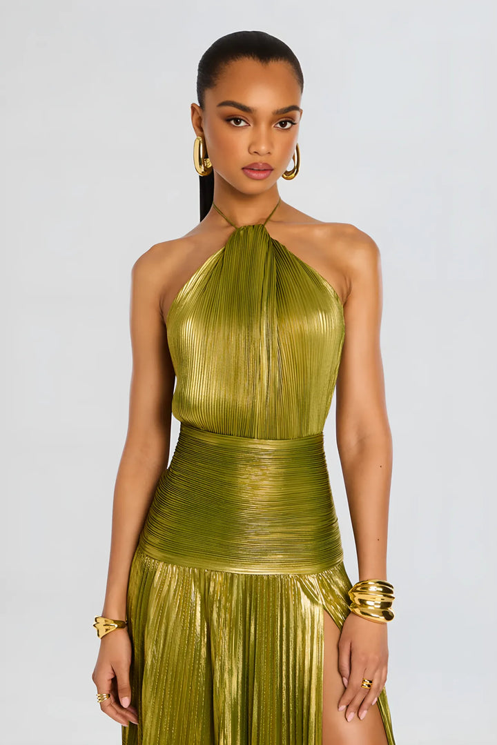 Gold Women's Metallic Pleated Halter Maxi Dress — Bella Backless Evening Gown with Thigh-High Slit - Close Up Neckline