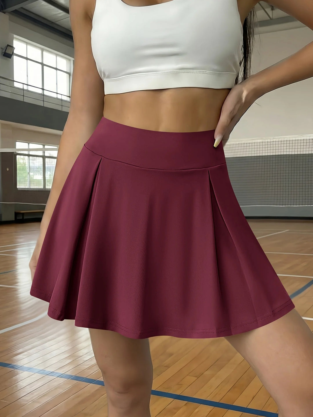 Burgundy Women's Pleated High-Waist White Mini Skirt — Gloria Athletic Tennis - Front Pose