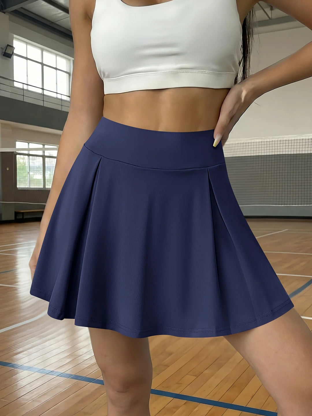 Dark Blue Women's Pleated High-Waist White Mini Skirt — Gloria Athletic Tennis - Side Detail