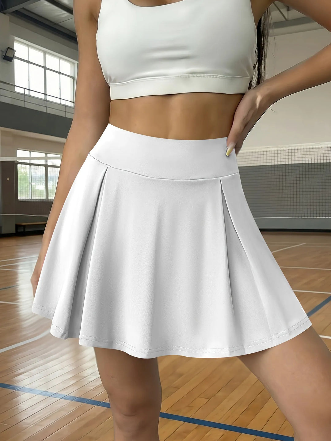 White Women's Pleated High-Waist White Mini Skirt — Gloria Athletic Tennis - Front Full